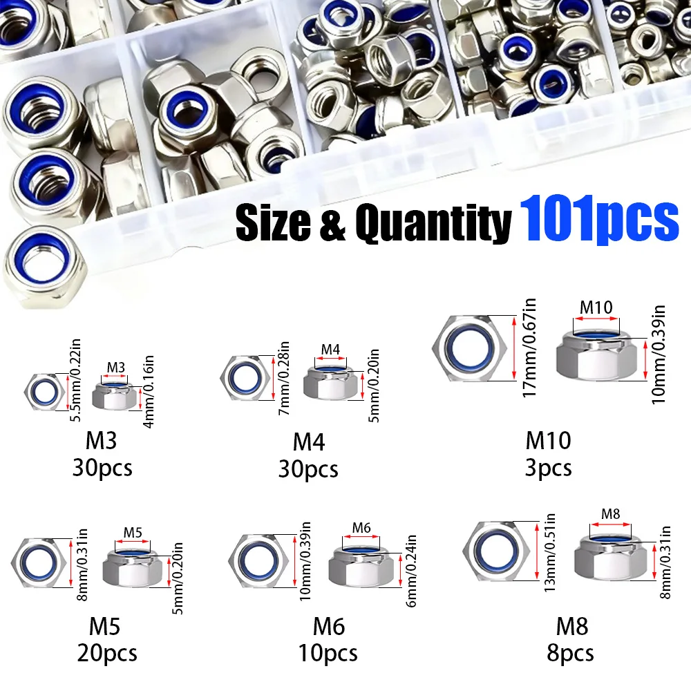 101 Pieces of Stainless Steel Nylon Anti-Slip Self-Locking Nuts M3 M4 M5 M6 M8 M10, Nylon Embedded Nuts, Hexagonal Screw Caps