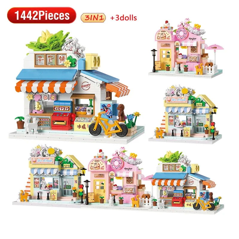 Street View Building Blocks with Light Restaurant Dessert House Bricks Kit Assemble Architecture Girls Model Kids Toy Children