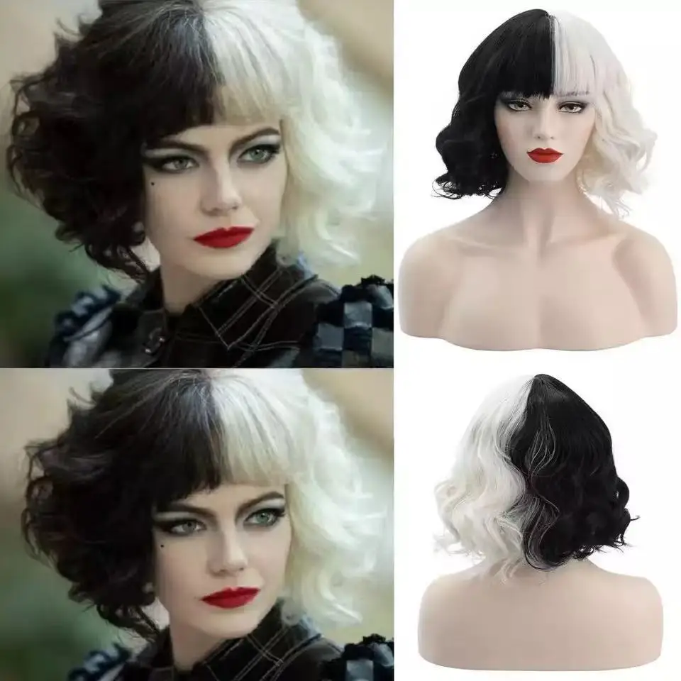 

Anime Cruella De Vil Cosplay Wig Props Cruly Half Black And Half White Heat Resistant Hair Wigs