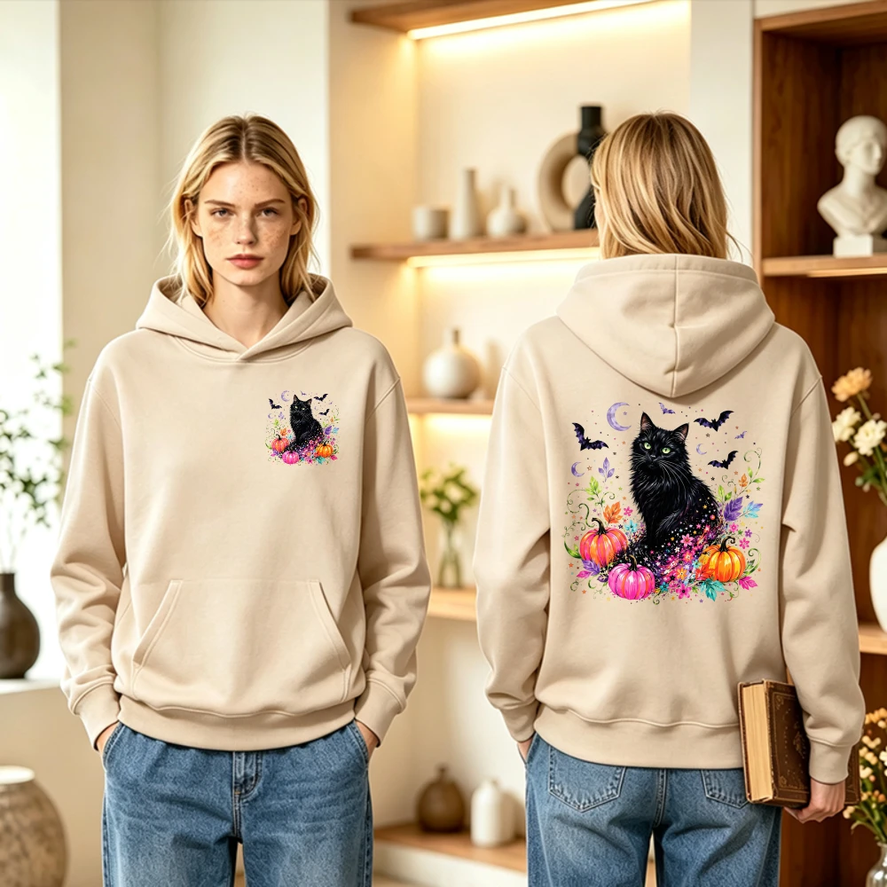 Halloween Retro Black Cat Hoodie Floral Pumpkin Bats Moon Graphic Pullover Cozy Beige Women Unisex Fall Winter Sweatshirt Top