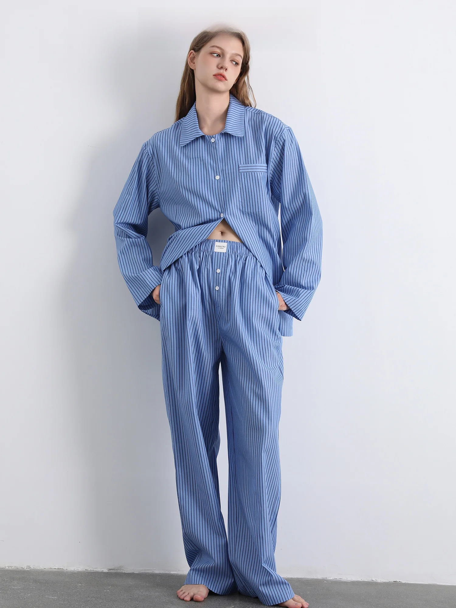 

FORRETRO Ретро-пижама в полоску: комфортная домашняя одежда из хлопка и лиоцелла с длинным рукавом для весны, лета и осени, повседневная.