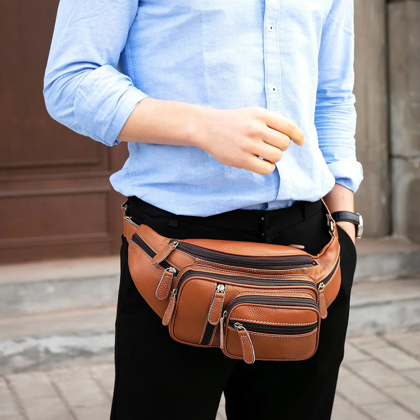 

Men's Multi-Function Chest Bag Genuine Leather Crossbody Sling Pack Soft Cowhide Outdoor Sports Waist Bag with Multiple Pockets
