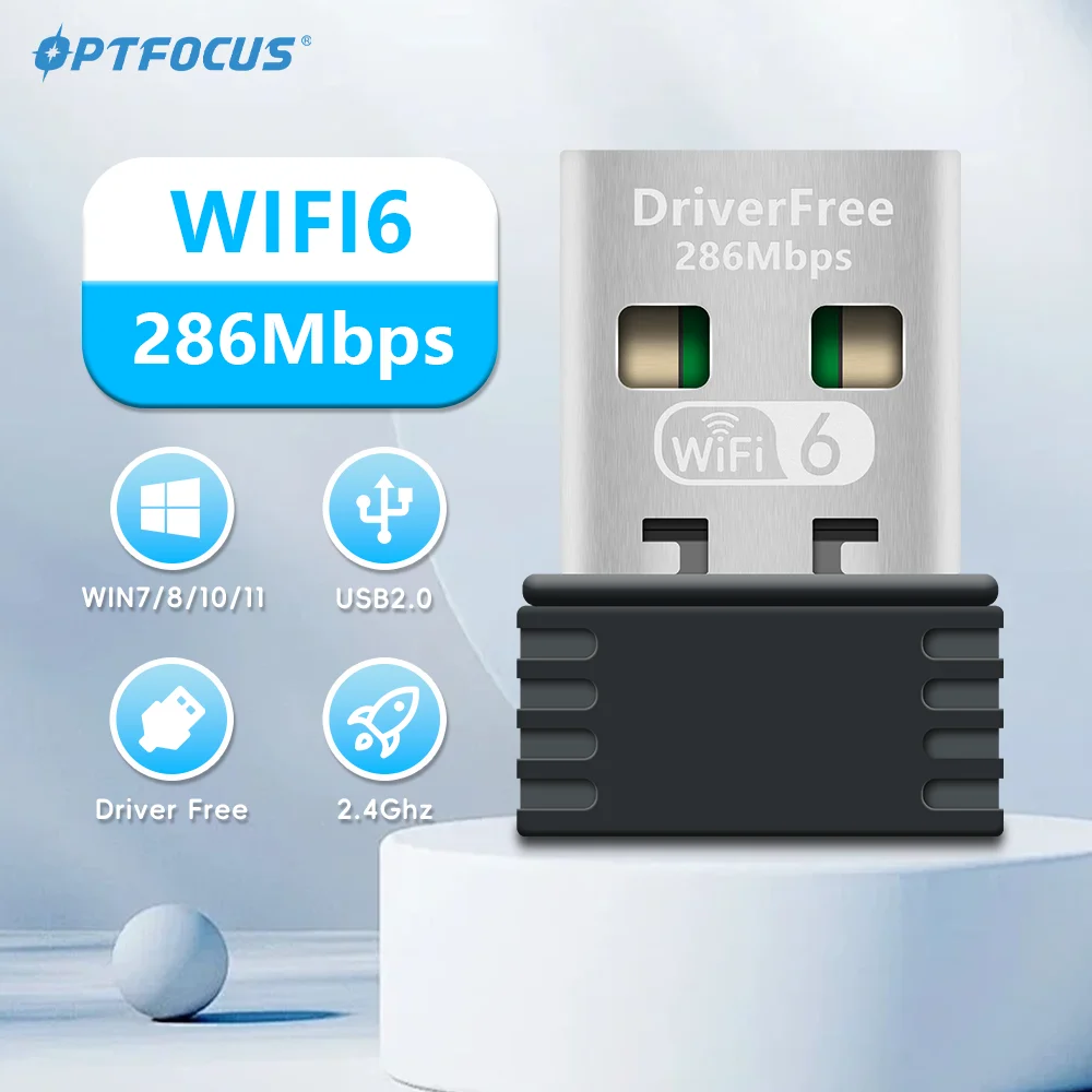 

OPTFOCUS Мини-адаптер WIFI6 2,4 ГГц 802.11AX Прием сигнала Wi-Fi Lan Сетевая карта 150/286 Мбит/с Драйвер Бесплатный беспроводной USB-ключ