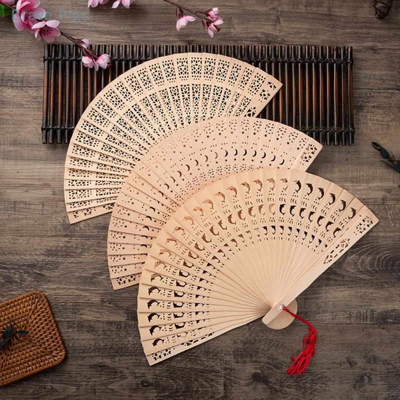 Fashion Wedding Hand Fragrant Party Carved Bamboo Folding Fan Chinese Wooden Fan Vintage Hollow Antiquity Folding Fan Home Decor