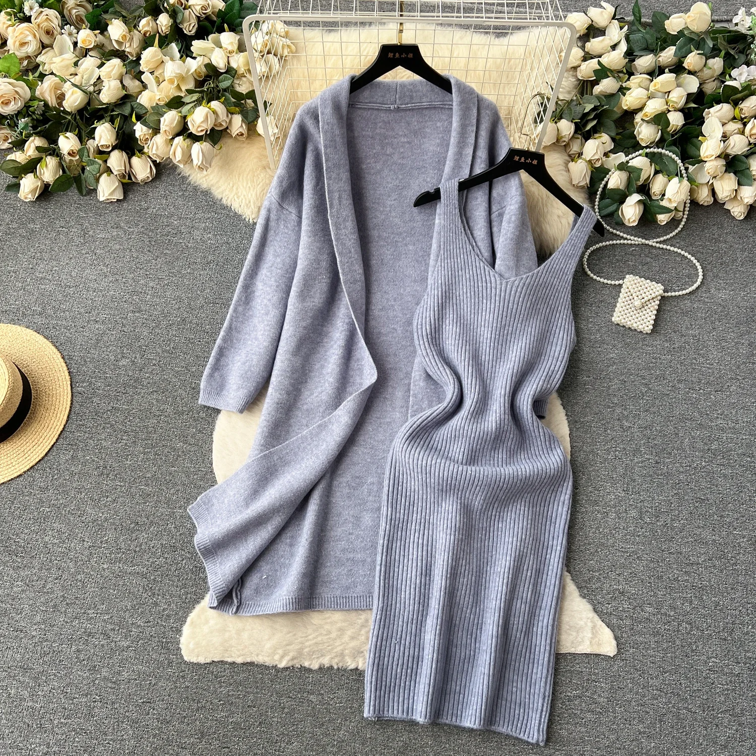 Elegant Long Sleeves Chic Cardigan Long Coat Basics V-neck Vest Dresses Evening High Street Autumn Winter Knitted Two-piece Sets