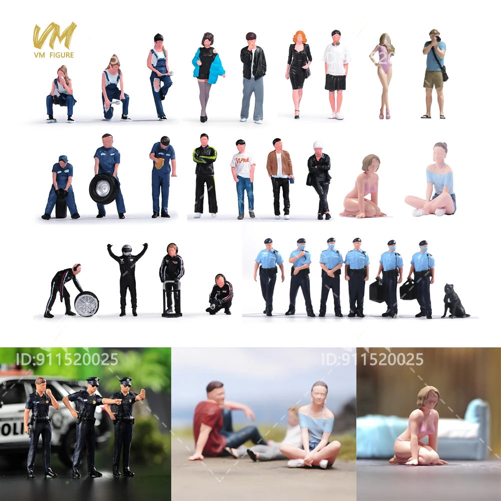 Painted Miniatures 1/64  Pretty Girl Couple Police Skiing Car Repair Figure Model Toys View Decoration Scene Prop Car Decor Doll