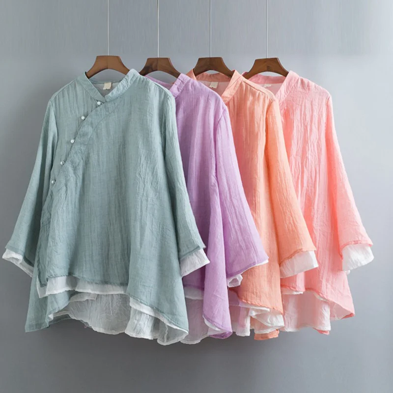 Chinese Style Modern Hanfu Shirt Women Long Sleeve Mandarin Collar Blouse Double Layered Cotton Linen Casual Loose Tops Party