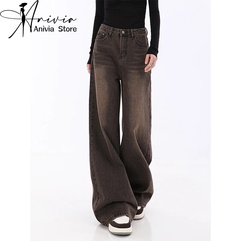 

Harajuku Streetwear Retro Fashion Women High Waist Jeans Dark Brown Wide Leg Straight Loose Denim Trousers Y2K Baggy Pants 2024