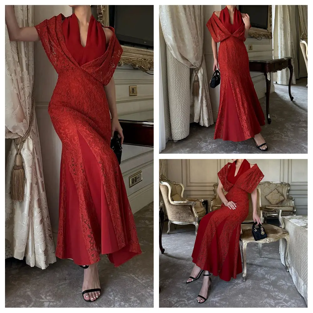 

Customized A-line Evening Dresses Ankle-length V-neck Sleeveless Prom Gown Simple Fashion Lace Draped Casual Party Gown