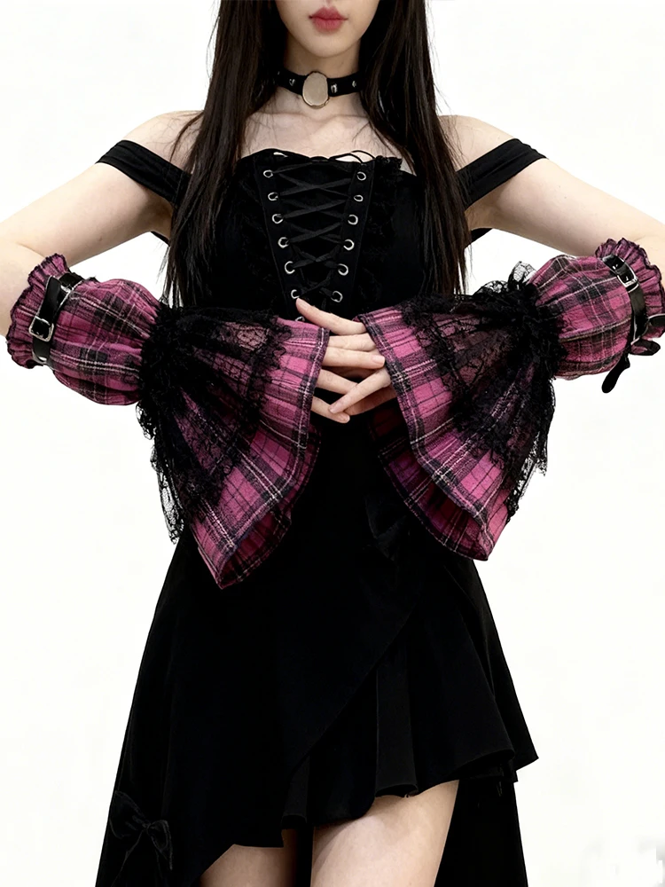 y2kガール向けフクシア色のアウタースリーブ、格子柄スイートゴスフレアスリーブカバー、黒レースパッチ、調節可能なストラップ、スリムアームウォーマー、2026年春