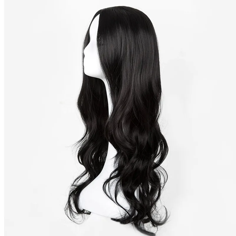 Hitam Wig Fei-Menunjukkan Sintetis Tahan Panas Panjang Curly Bagian Tengah Garis Rambut Kostum Cos-play Halloween Karnaval partai Sopak