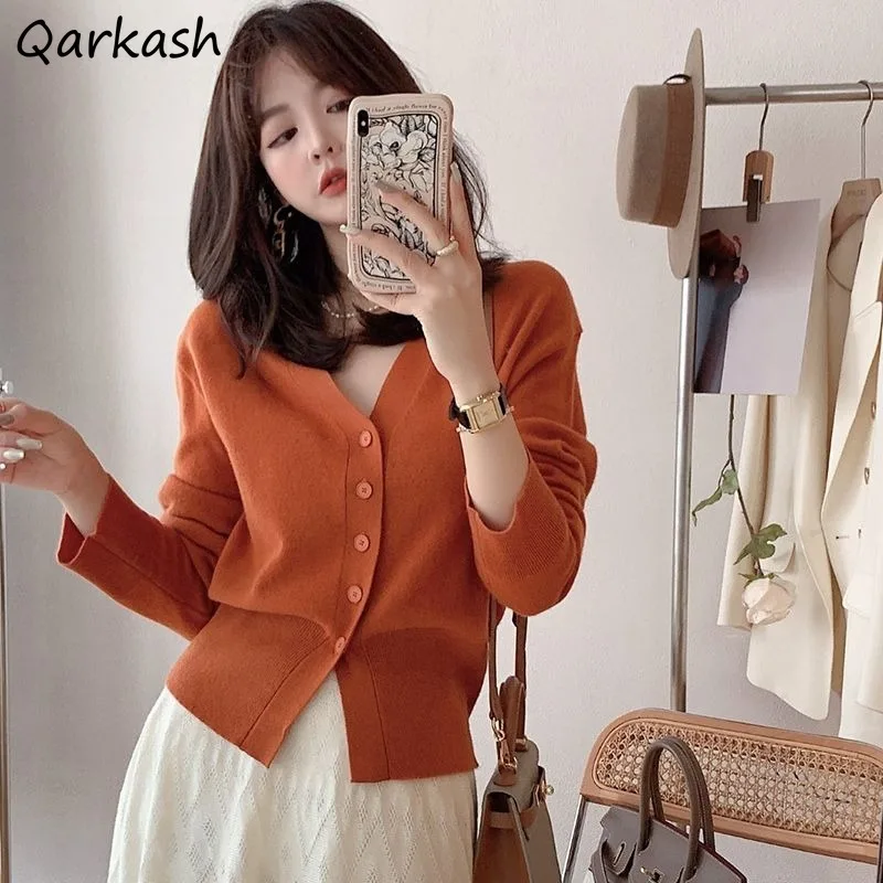 

Cardigans Women Tops Solid Knitted Short V-neck Gentle Temperament Autumn Winter Defined Waist All-match Chic Female Simple Lady