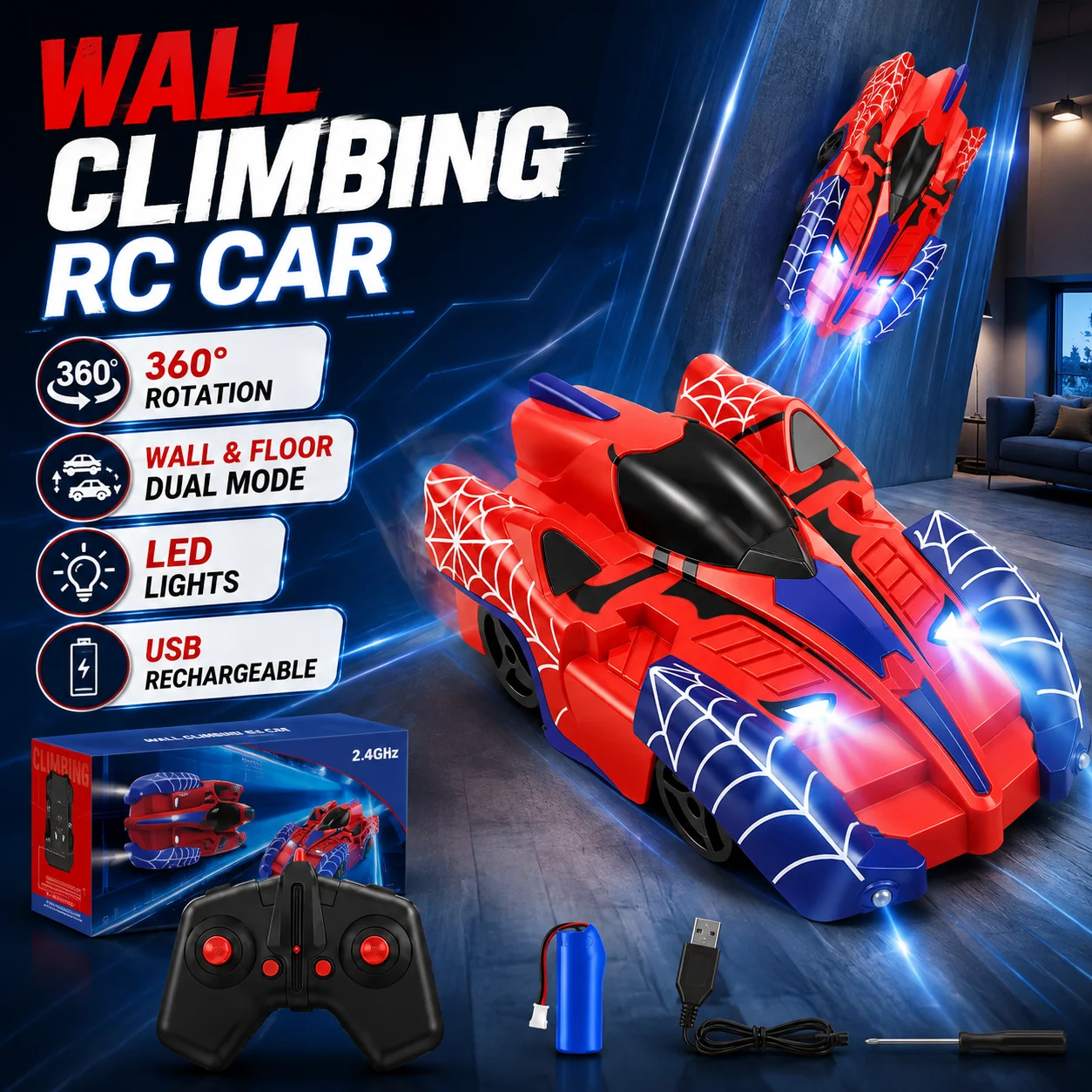 RC Wall Climbing Spider Car Remote Control Zero Gravity Vehicle 360° Rotation LED Lights Rechargeable Indoor Toy for Kids Gift