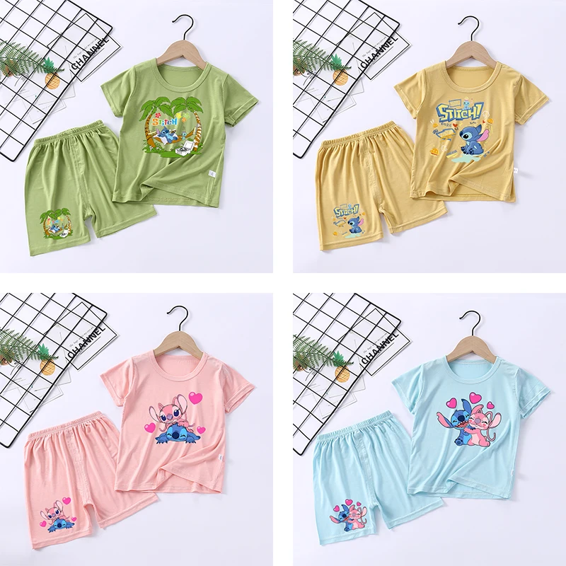 

Stitch Children's T-shirt Shorts Set Cartoon Pajama Set Pure Cotton Cute Round Neck Sleepwear Comfortable Short Sleeved Shorts