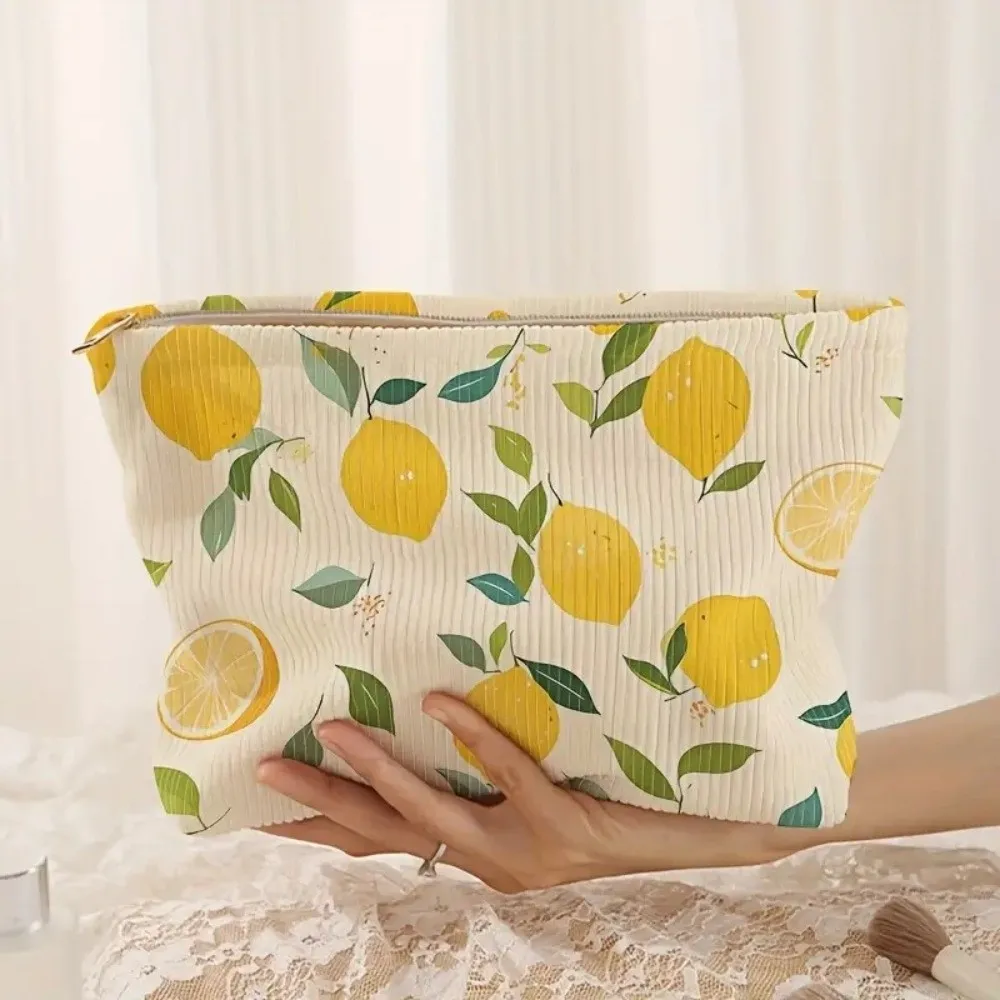 New Yellow Lemon Cosmetic Bag Korean Style with Zipper Makeup Case Polyester Toiletry Bag for Outdoor Travel