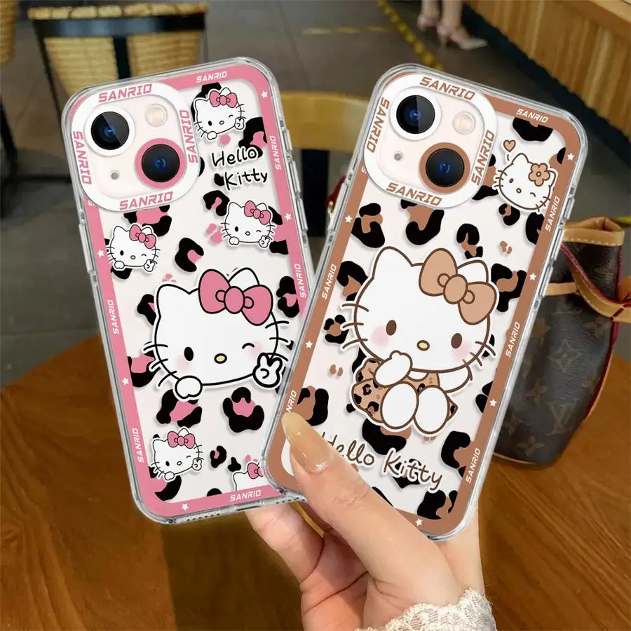 Cute Leopard Print Hellokitty Phone Case for Apple iPhone 14 16 15 Pro Max 13 Mini 12 11 14 Plus SE 7 8 15 Plus XR XS Clear Soft