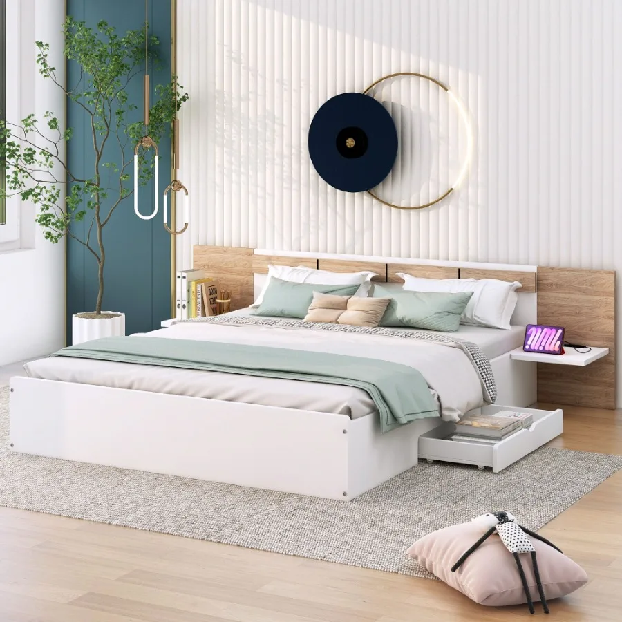 

Queen Size Platform Bed with board Drawers Shelves USB Ports and Sockets
