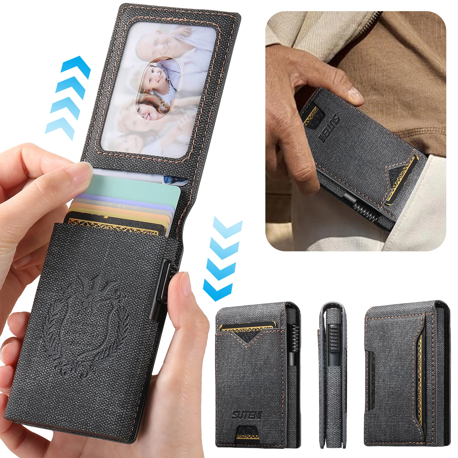 SUTENI Kunstleder für Herren, Geldbörse, Kartensteckplatz, Geldbörse, Flip-Cover, Kartenbox, drückt den Knopf automatisch die Karte aus – Detail 23