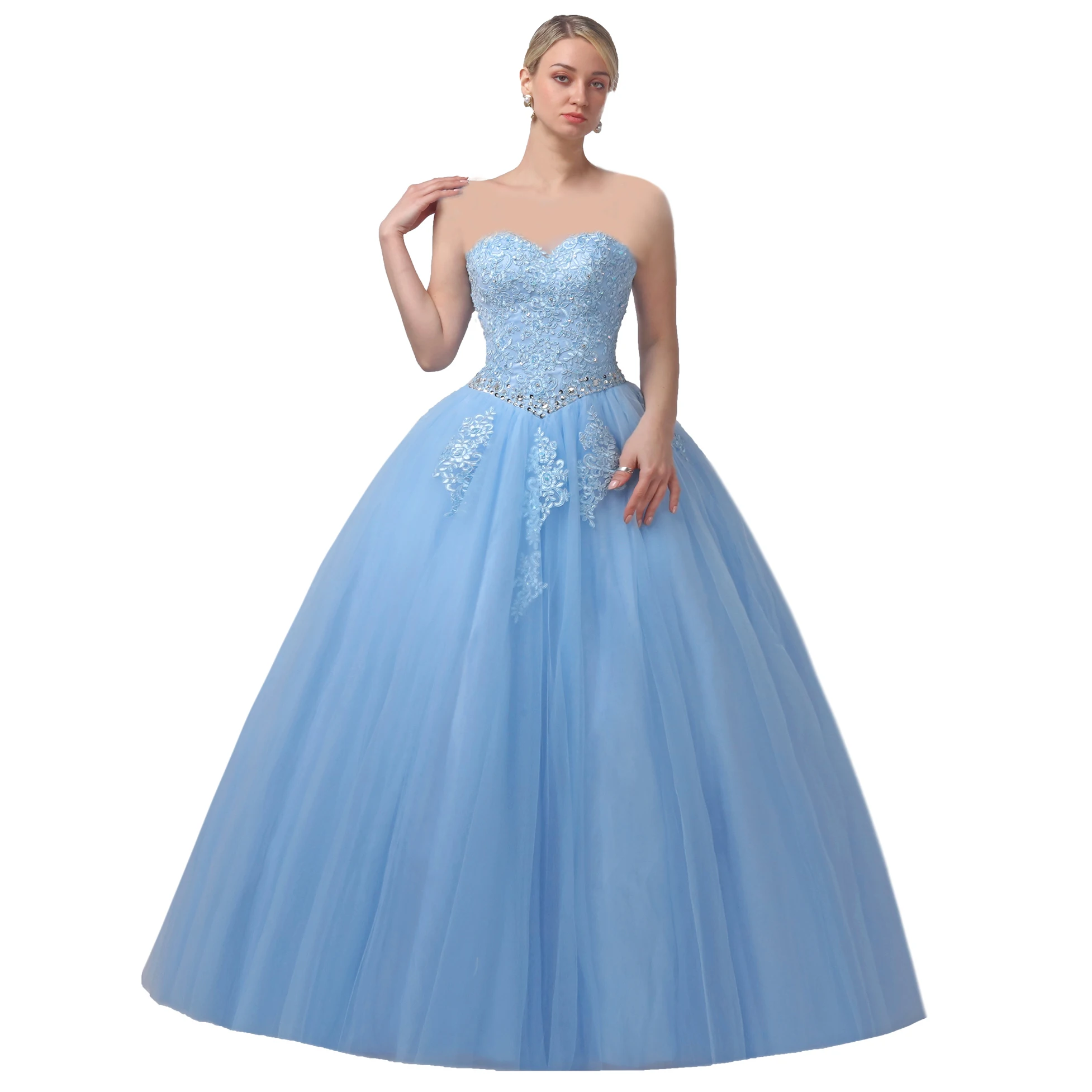 

CharmingBridal Sweetheart Beaded Quinceanera Dress Formal Graduation Party Long Prom Dress Strapless Lace Tulle Ball Gown 2022