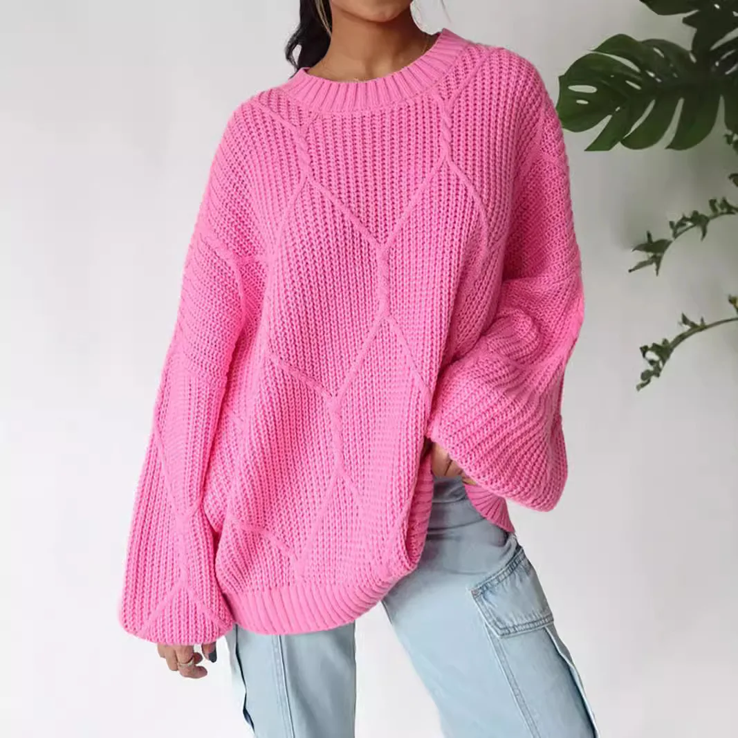 New Womens Round Neck Hollow Solid Color Long Sleeve Comfortable Knitted Sweater Pull Femme Klamotten Damen Womens Winter Jumper