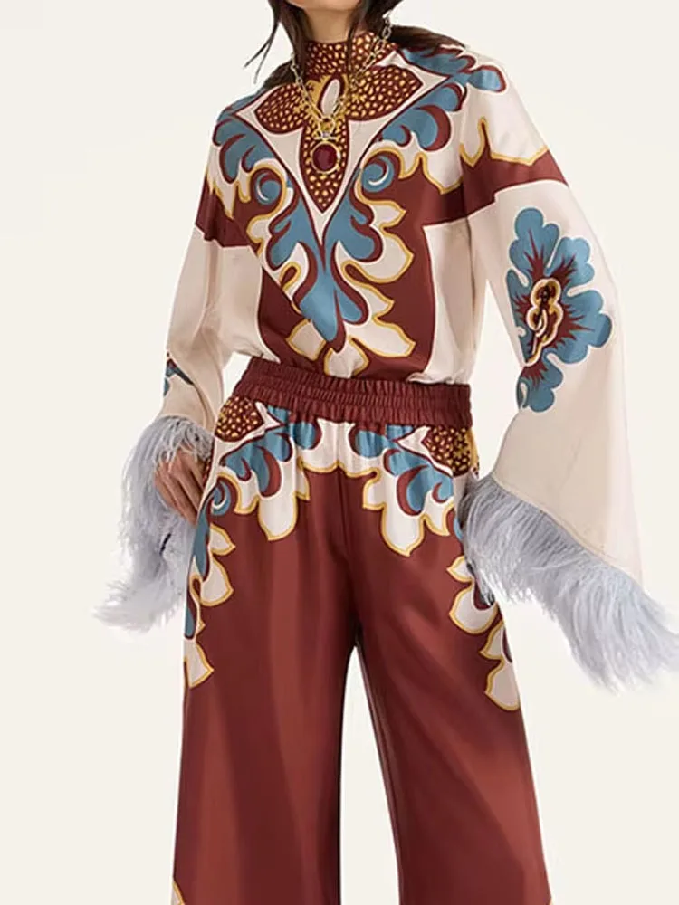 

Модный топ с высоким воротником и брюками, женский сексуальный свободный комплект с рукавами «летучая мышь» и принтом Rtero, праздничный костюм из 2 предметов