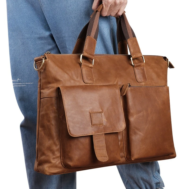 Men's Genuine Leather Business Briefcase 17-Inch Laptop Bag Horizontal Shoulder Cowhide Top Layer