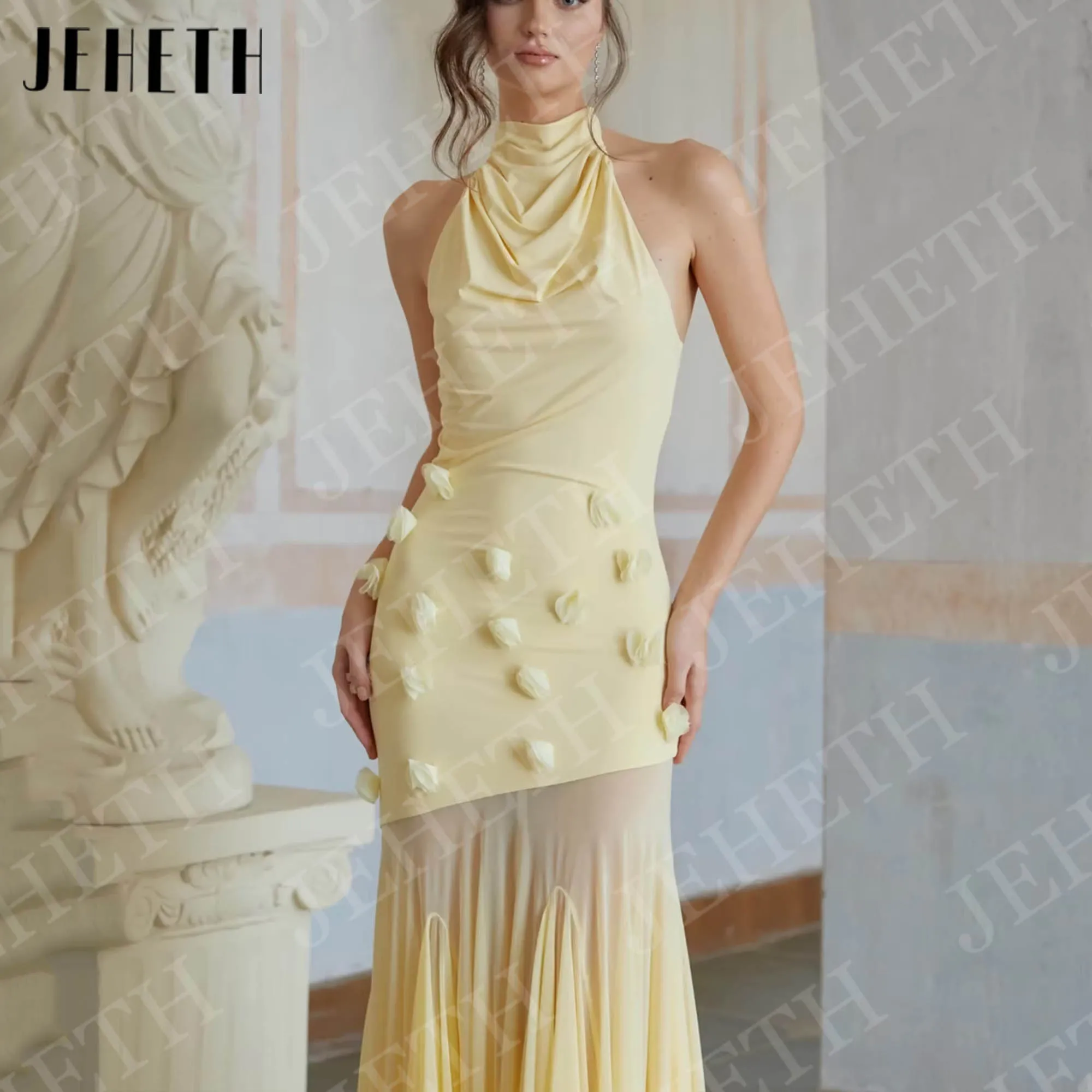 JEHETH Geel Zeemeermin Avondjurken Lange Galajurk Vrouw Halter Hals 3D Bloemen Feestjurk Mouwloos Aangepaste فسات musica