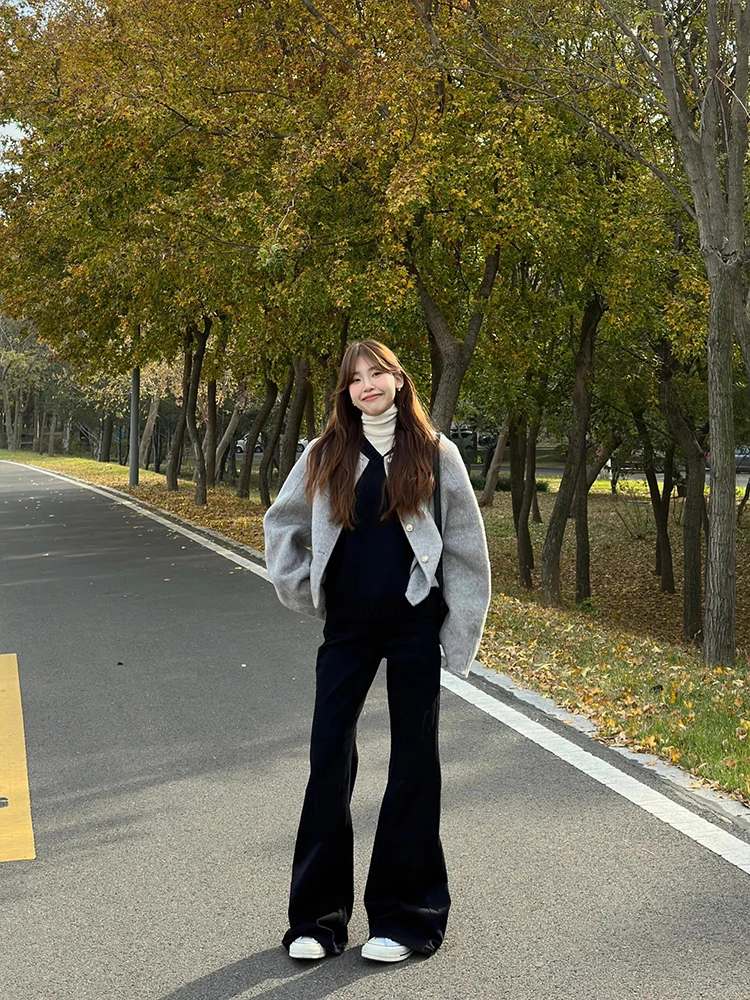 

Black Micro Flare Non Fitting Denim Jeans Women's Autumn Winter New Small Size Elastic Slim Loose Wide Leg Hoof Pants