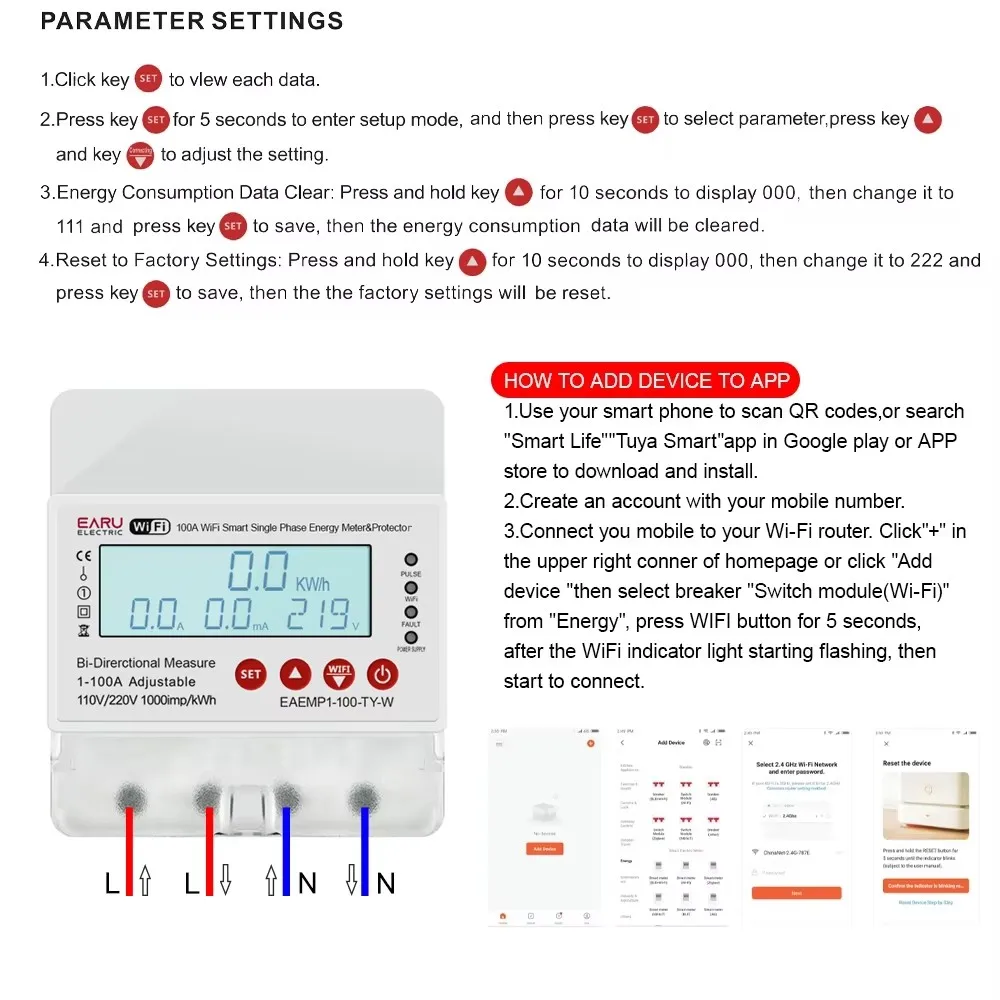 

Tuya Wifi Bi-Directional 100A 110V 220V Single Phase kWh Power Energy Meter Over Under Voltage Current Limit Timer Switch