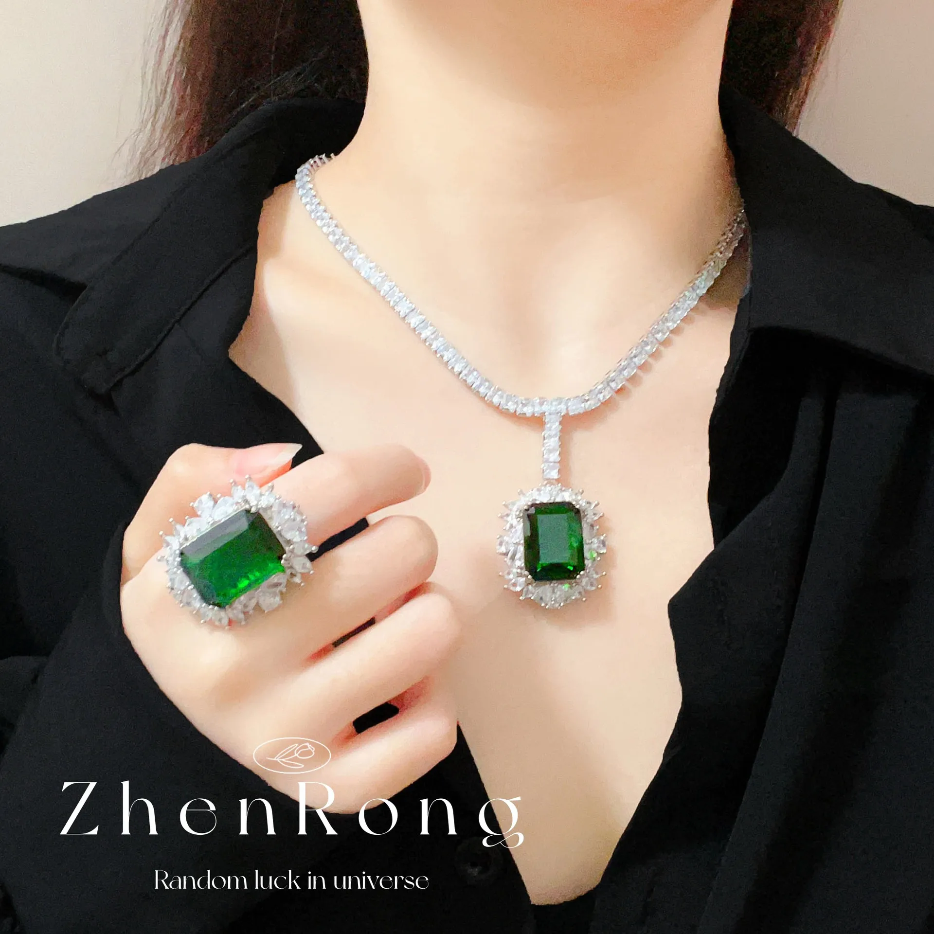 S925 sterling silver stud earrings, necklace set, square diamond set, colorful treasure ring stud earrings set chain.
