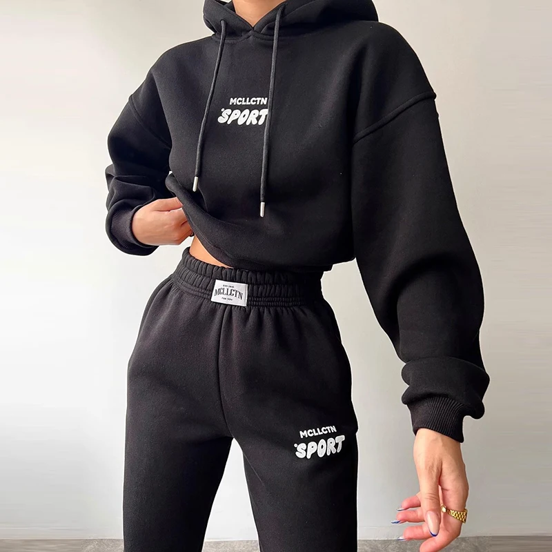 2023 Winter Casual Loose Hooded Sets Women Solid Long Sleeve Letter Print Hoodie And Pocket Trousers Two-Piece Set Warm Suit