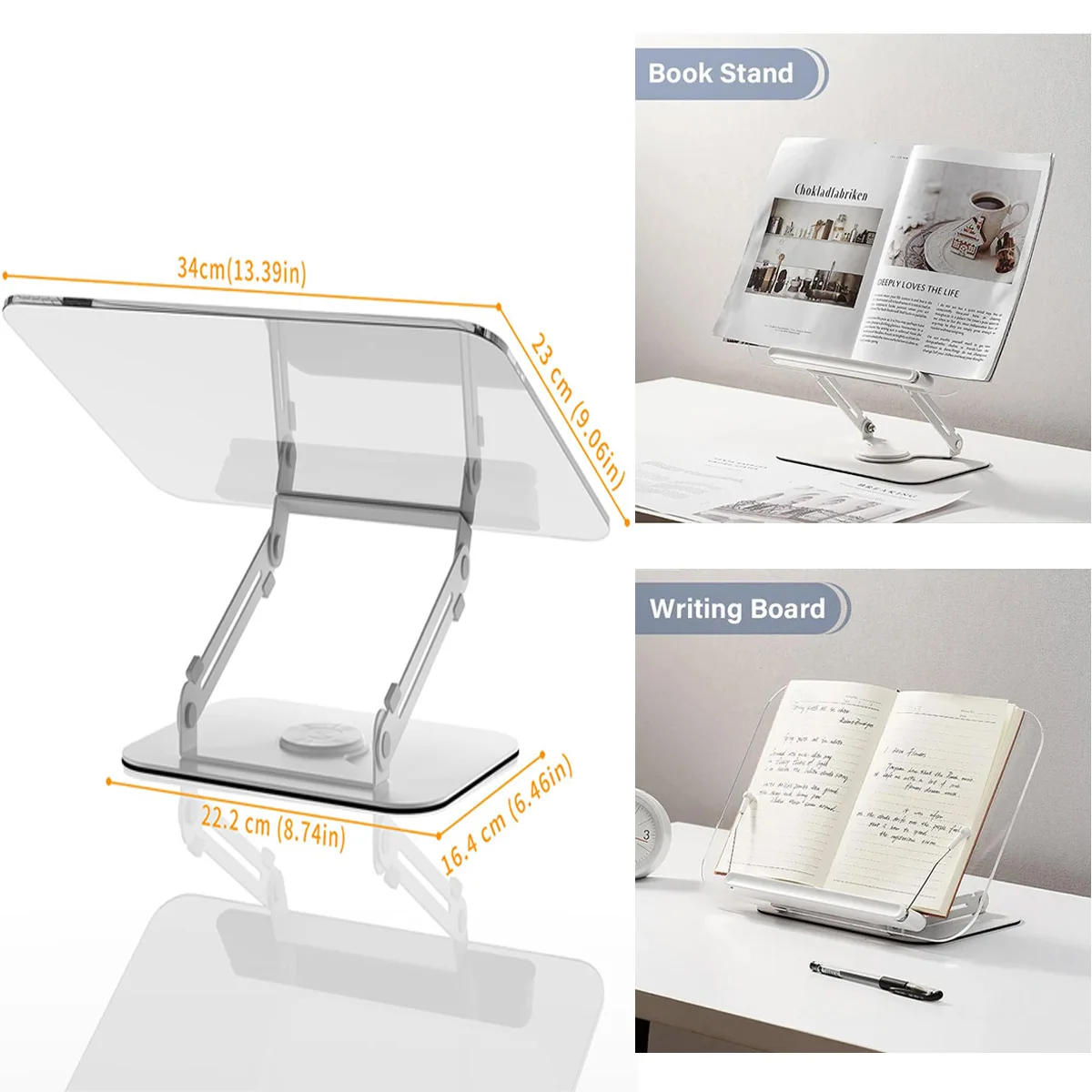 Acrylic Thick Book Stand for Reading Adjustable Book Holder with 360° Rotating Base Elastic Page Clips Foldable Desktop Riser St