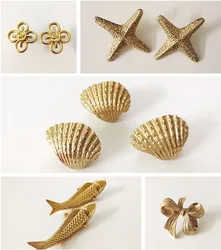 Gold Furniture Handle Door Knobs Solid Brass Sarfish Shell Shape Handles for Cabinet Kitchen Cupboard Drawer Pulls