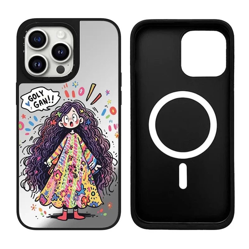 

Cartoon Long Hair Girl iPhone 11 12 13 14 15 Pro Max Mirror Surface MagSafe Case Cover Shell