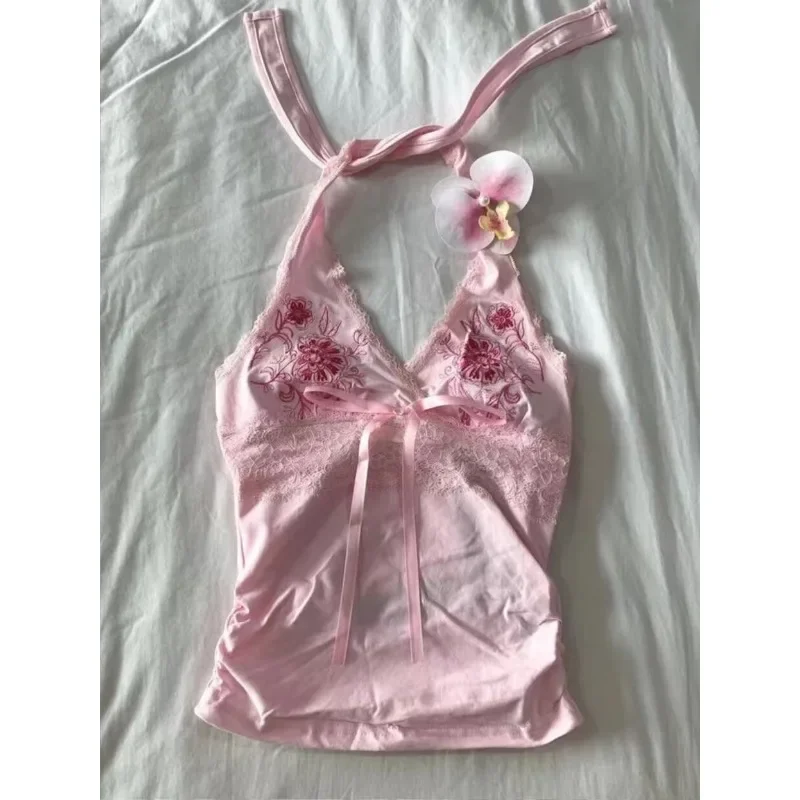 Nieuwe Amerikaanse Vintage kanten hals geborduurde jarretel sexy T-shirts voor dames zomerontwerp casual hoogwaardige gotische baggy top