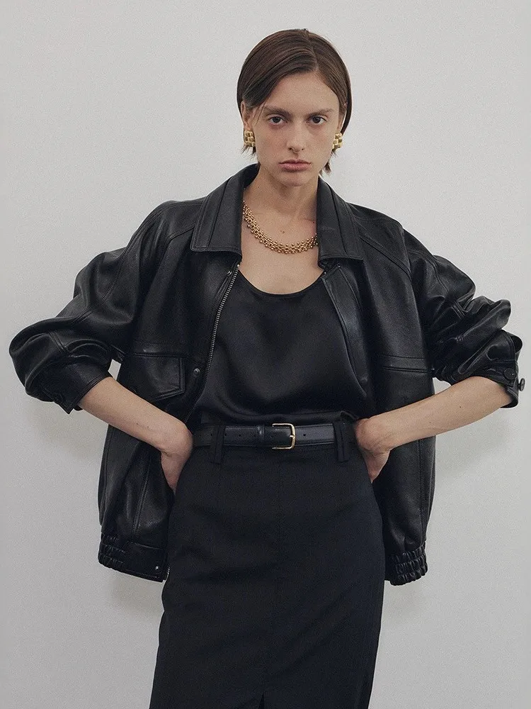 Elborn cor pura gola com zíper couro Jaet feminino outono inverno novo coreano sle commute vintage motocicleta sle leathe...