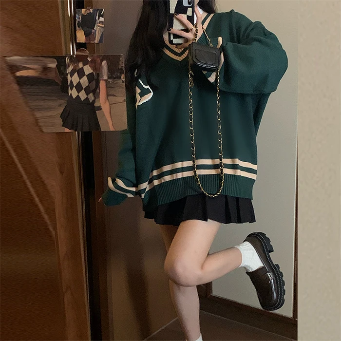 فضفاض الخامس Ne إلكتروني التطريز متماسكة سترة المرأة Sle الخريف الشتاء جديد كلية العصرية الكورية فضفاض اللون Blo مباراة جميع