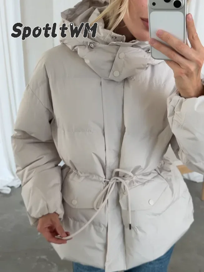 Women Solid Hooded Drawstring Waist Puffer Coat Detachable Hood Zip Up Pocket Loose Padded Jacket Winter Casual Cotton Coats