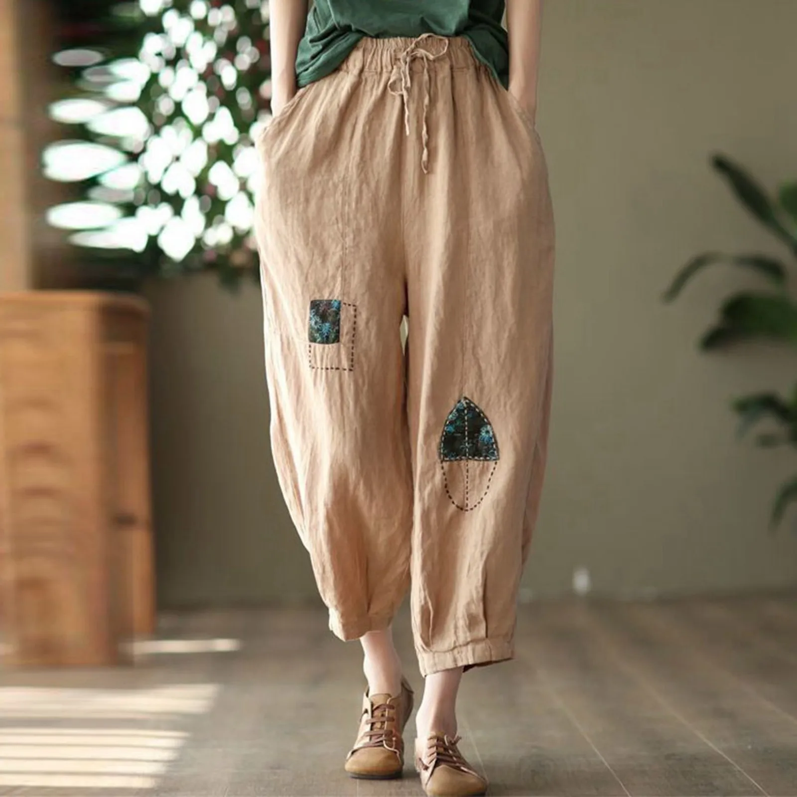 Pantalones de lino y algodón bordados de estilo étnico Vintage para mujer, pantalones con cintura elástica, pantalones Boho de vacaciones de estilo suelto informal