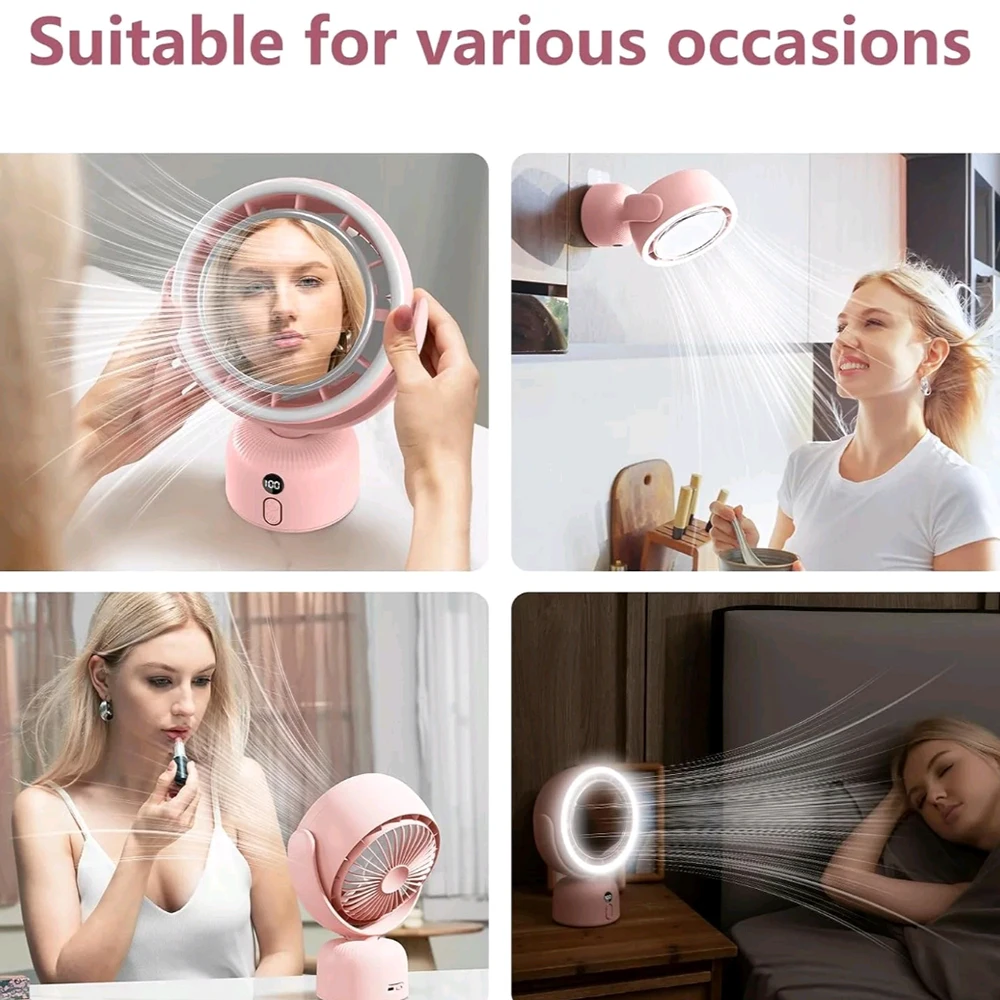 2-in-1 Mini Desk Fan with Makeup Mirror, USB Rechargeable Portable Cooling Fan, Digital Battery Display, 3 Adjustable Wind Speed