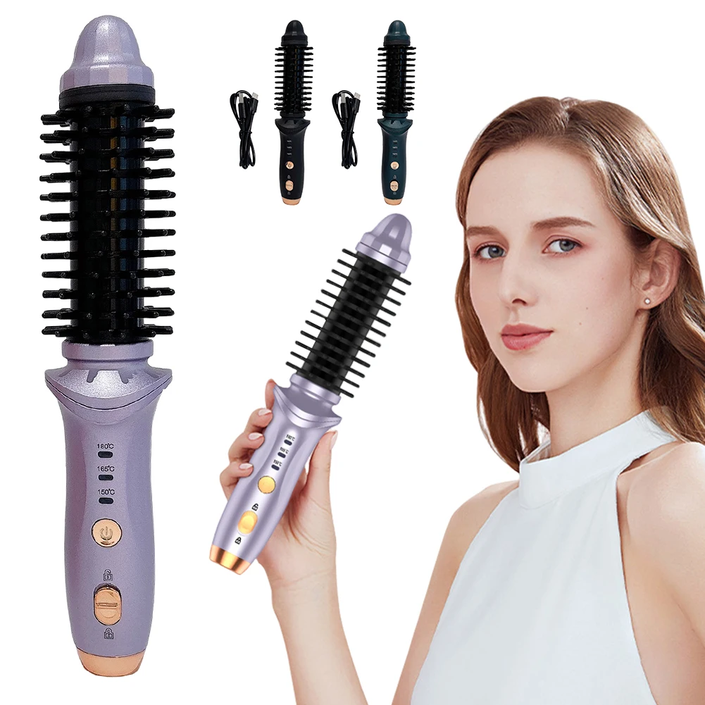 

2 In 1 Hair Curler/Straightener Brush 3 Temps Setting Travel Curling Brush Portable Rechargeable Travel Hair Curler For Women