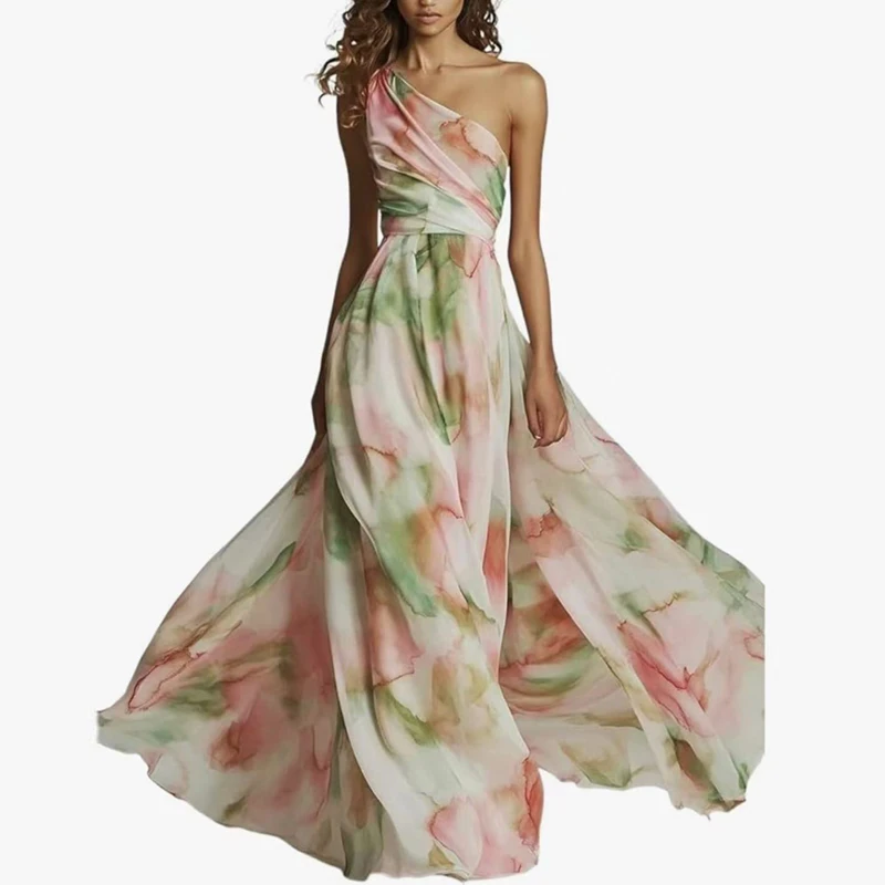 Letnia sukienka maxi w stylu boho, linia A, odkryte plecy, seksowna, z ukośnymi ramionami, ażurowa, asymetryczna, damska sukienka wakacyjna z nadrukiem, z zakładkami, z wysokim stanem.