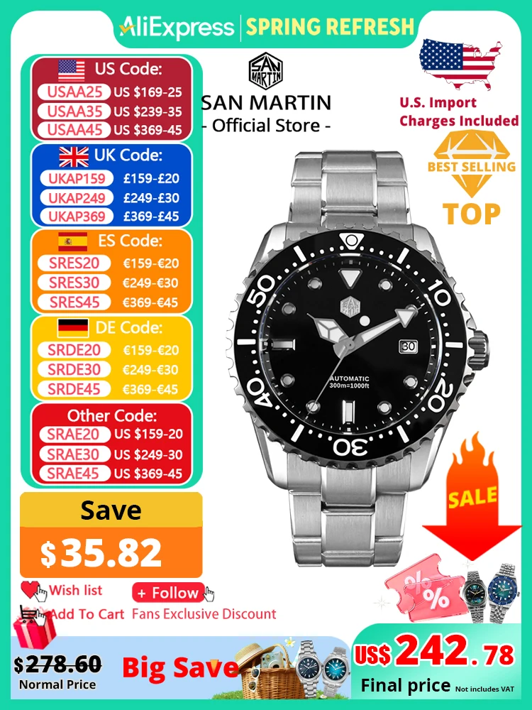 

San Martin New 40-44mm Luxury Men's Diver Watch Classic High Quality NH35 YN55 Automatic Mechanical Sapphire BGW-X1 20Bar SN0009