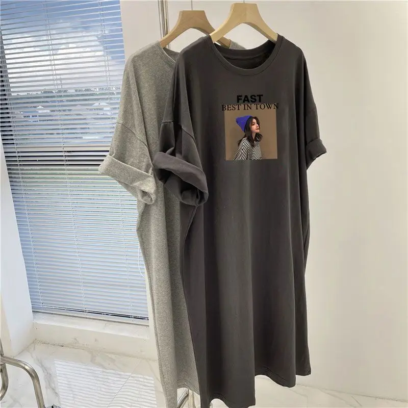 

Women Tunic Summer Short Sleeve Printed Korean Fashion Dresses Female Casual Loose Chic O-neck Pullover Dresses