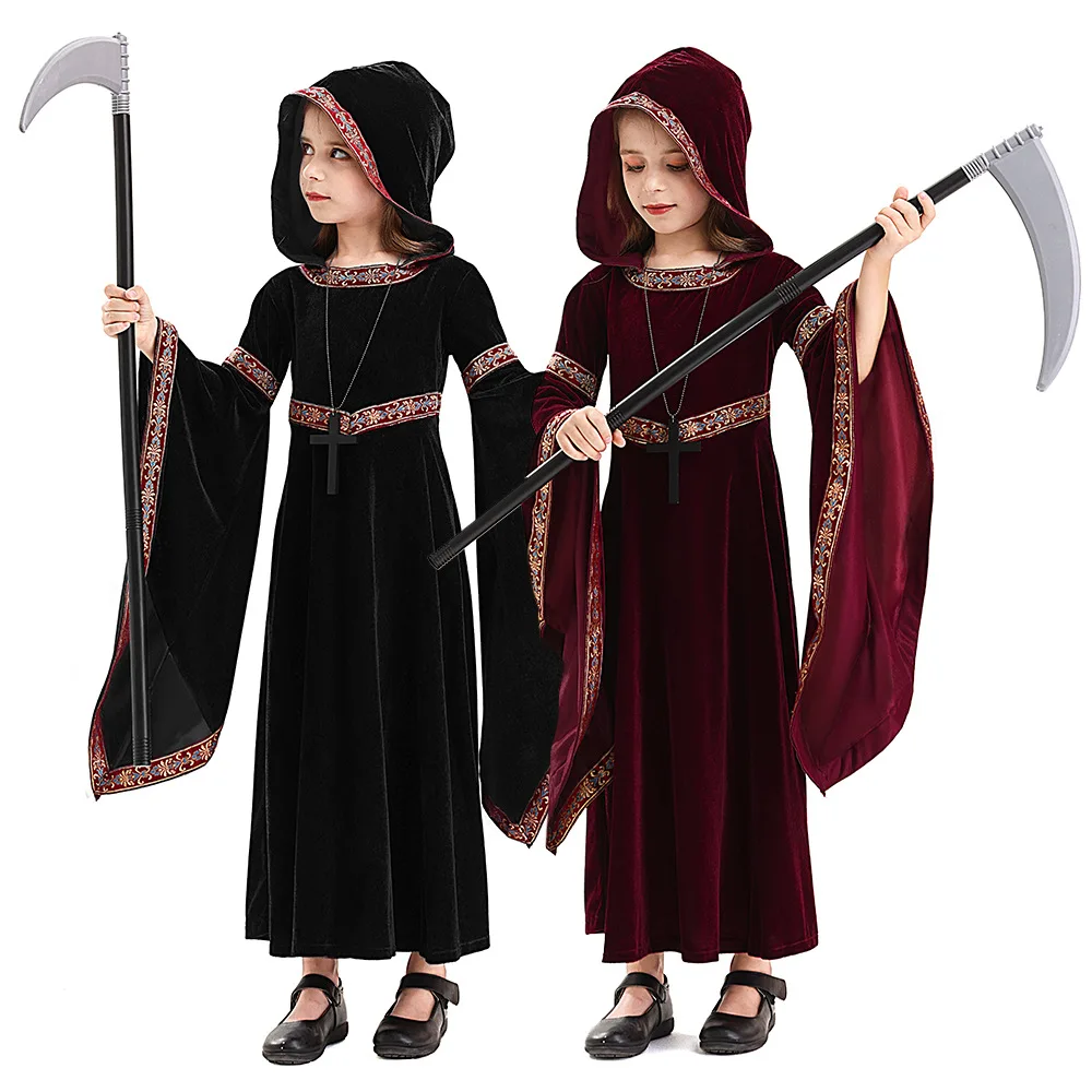 

2025 Halloween costume horror Grim Reaper outfit children's hooded long dress stage performance outfit