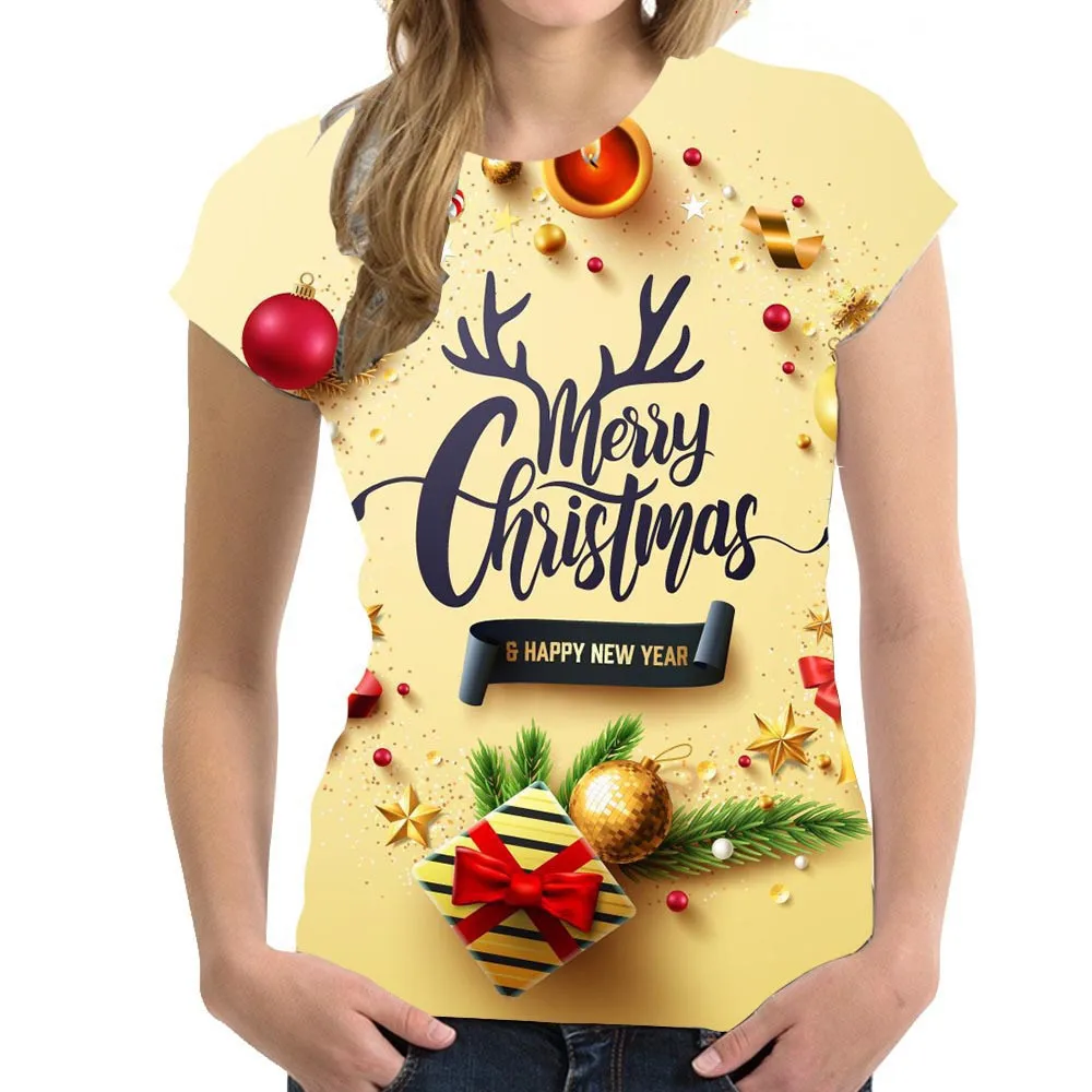 T-shirt de Noël à col rond pour femmes, t-shirts à manches courtes pour dames, vêtements surdimensionnés, 3D, nouvel an, Y-Kawaii, Y2K, 2024