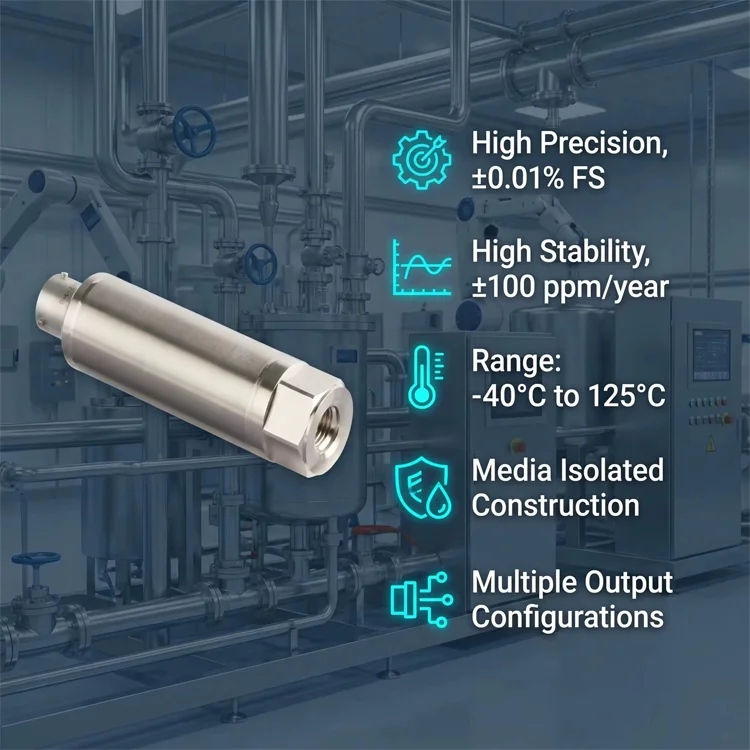 High-Precision  -Capable Resonant 316L Stainless Steel Pressure Sensor-IP66 Rated Wide Temperature Range (-40C 125C)