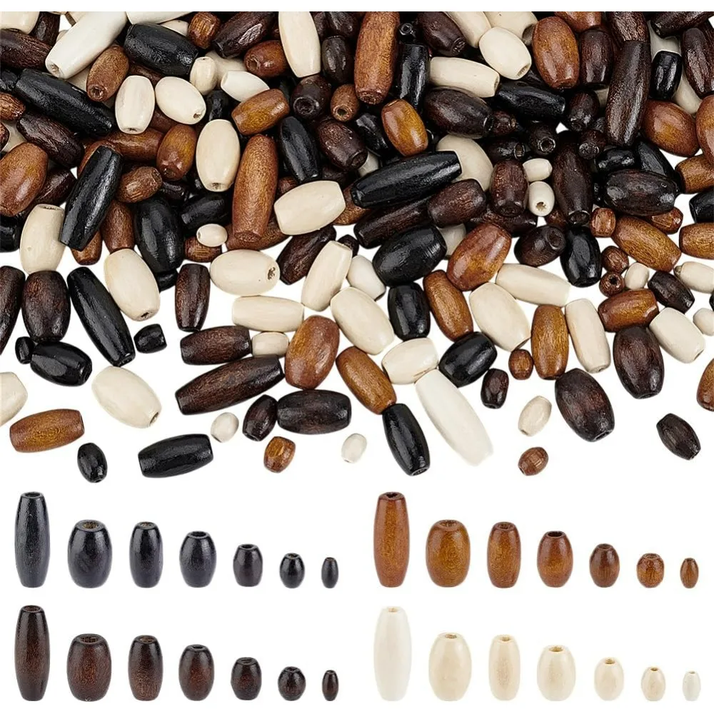 

1400Pcs Oval Wood Beads 7 Sizes 4 Colors Wooden Spacer Beads Tiny Oval Wooden Tube Beads Loose Beads for Crafts