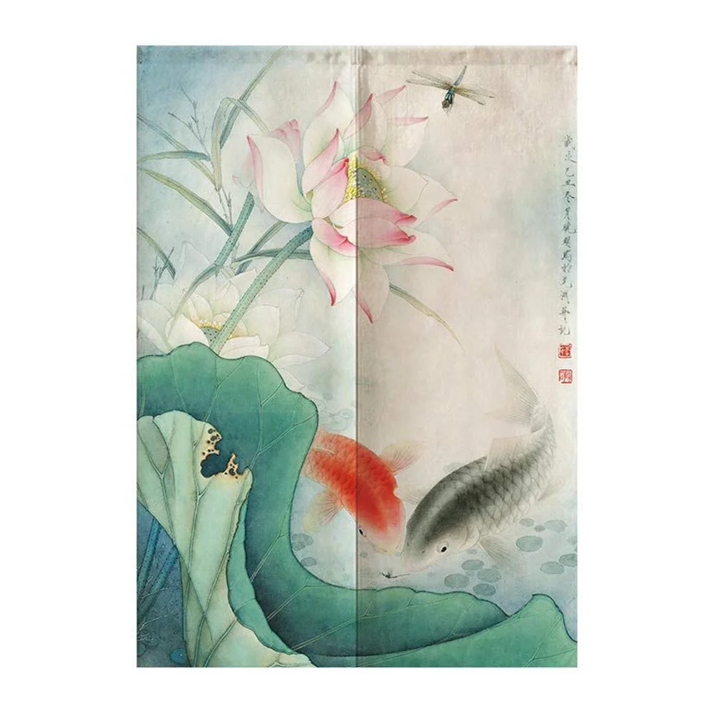 VIKAMA Koi Fish Japanese Door Curtain Feng Shui Door Curtain Traditional Oriental Style Half-Door Curtain Room Divider Decor
