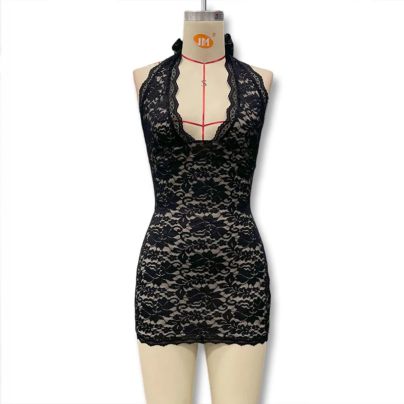Lace Halter Sexy Mini Dress for Women Robe Off-shoulder Deep V Neck Sleeveless Backless Skinny Party Dress Robe 2025 Vacation